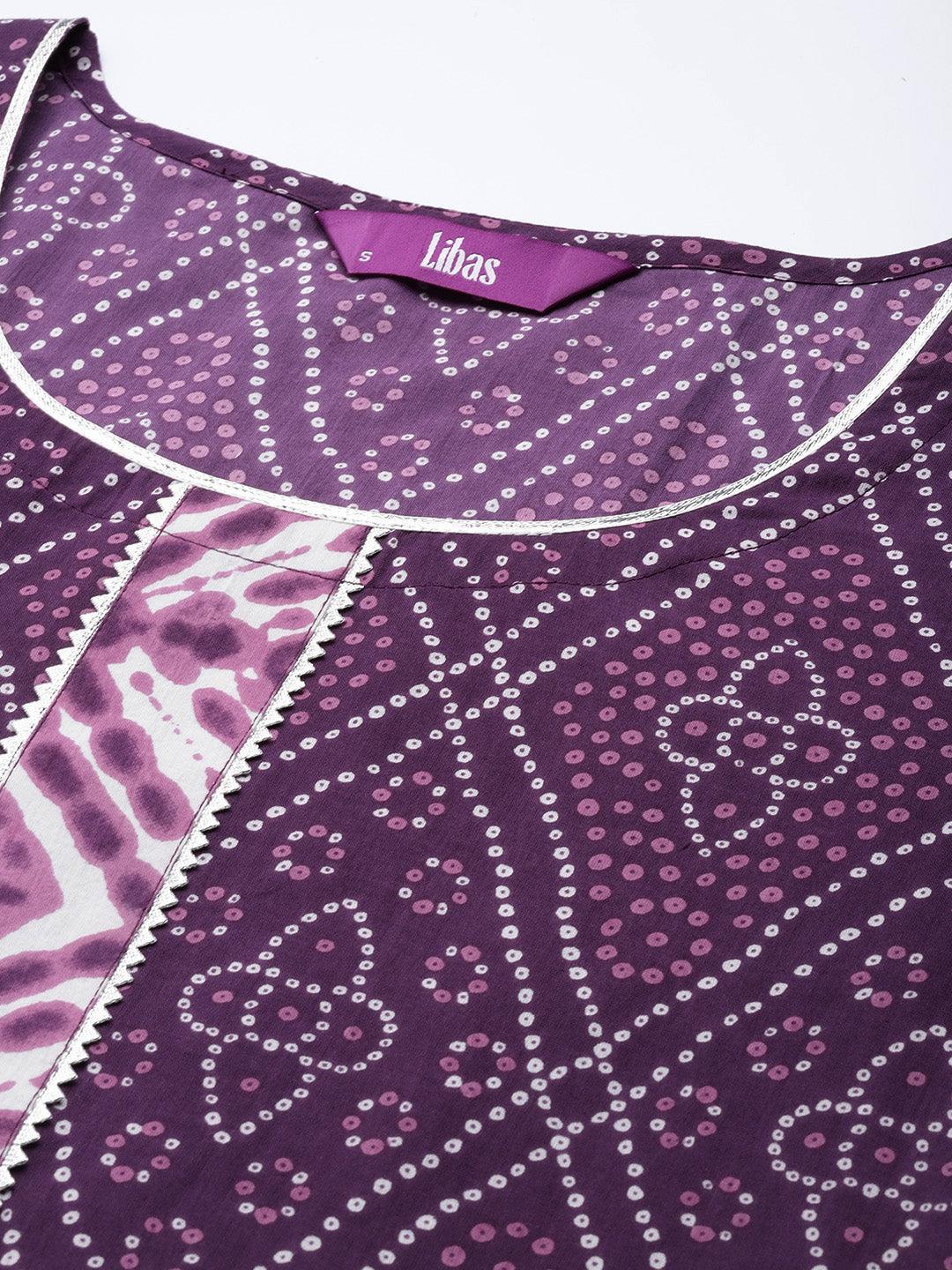 Purple Printed Cotton A-Line Kurta - ShopLibas