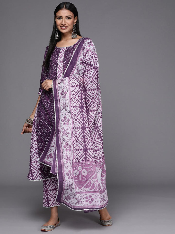 Purple Printed Cotton A-Line Suit Set