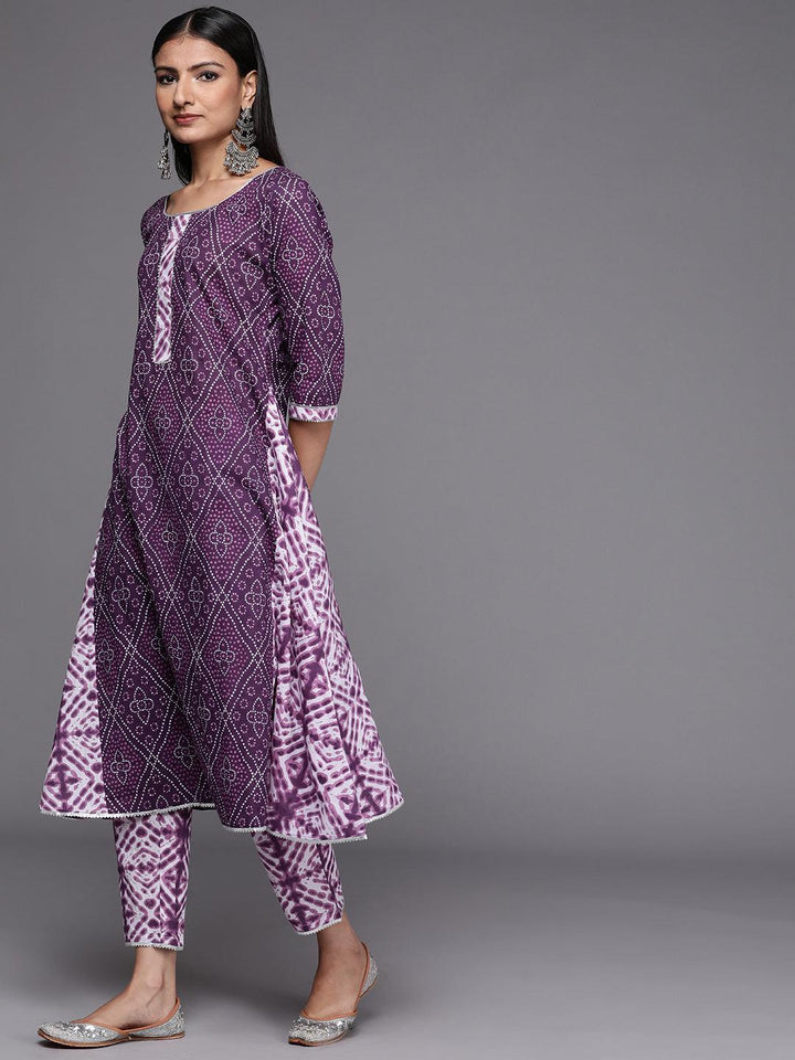 Purple Printed Cotton A-Line Suit Set