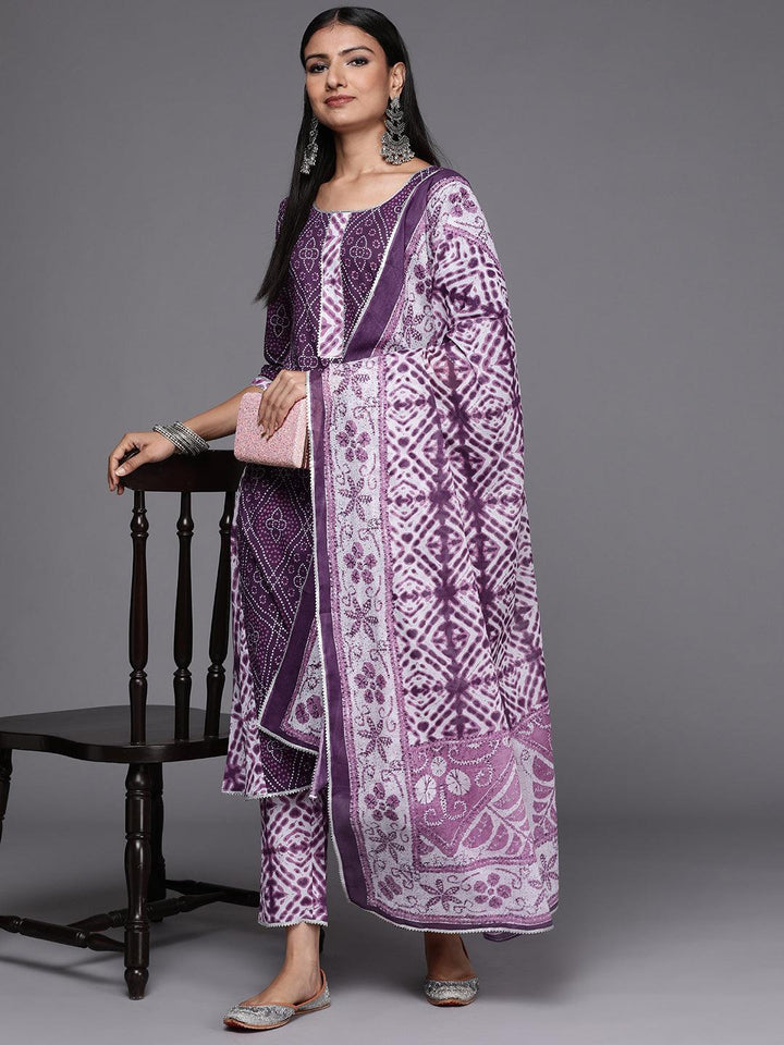 Purple Printed Cotton A-Line Suit Set