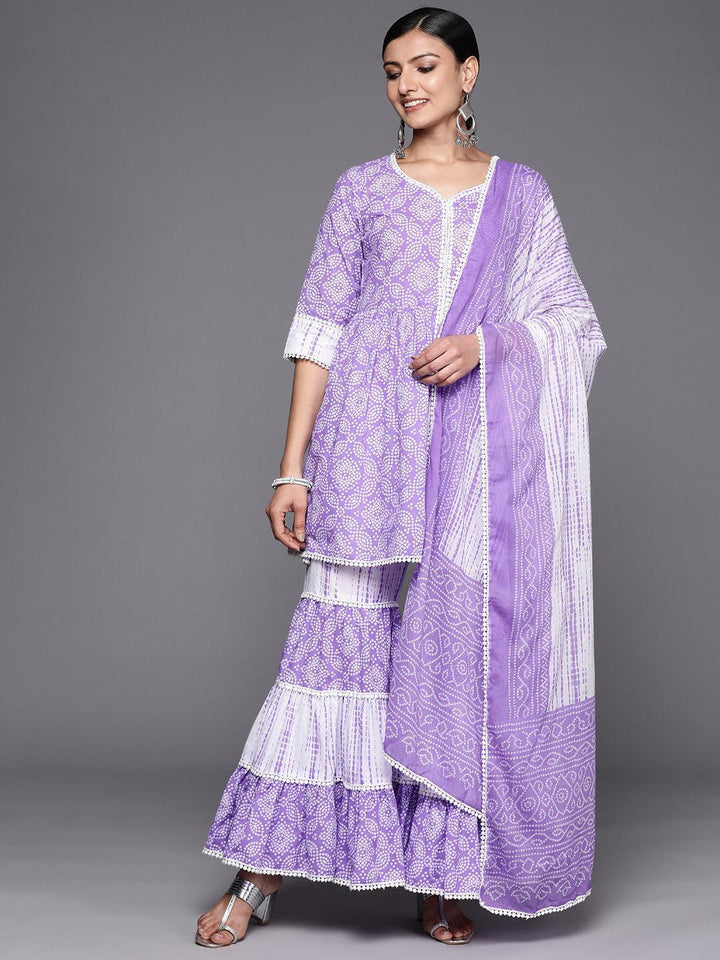 Purple Printed Cotton Anarkali Sharara Suit Set