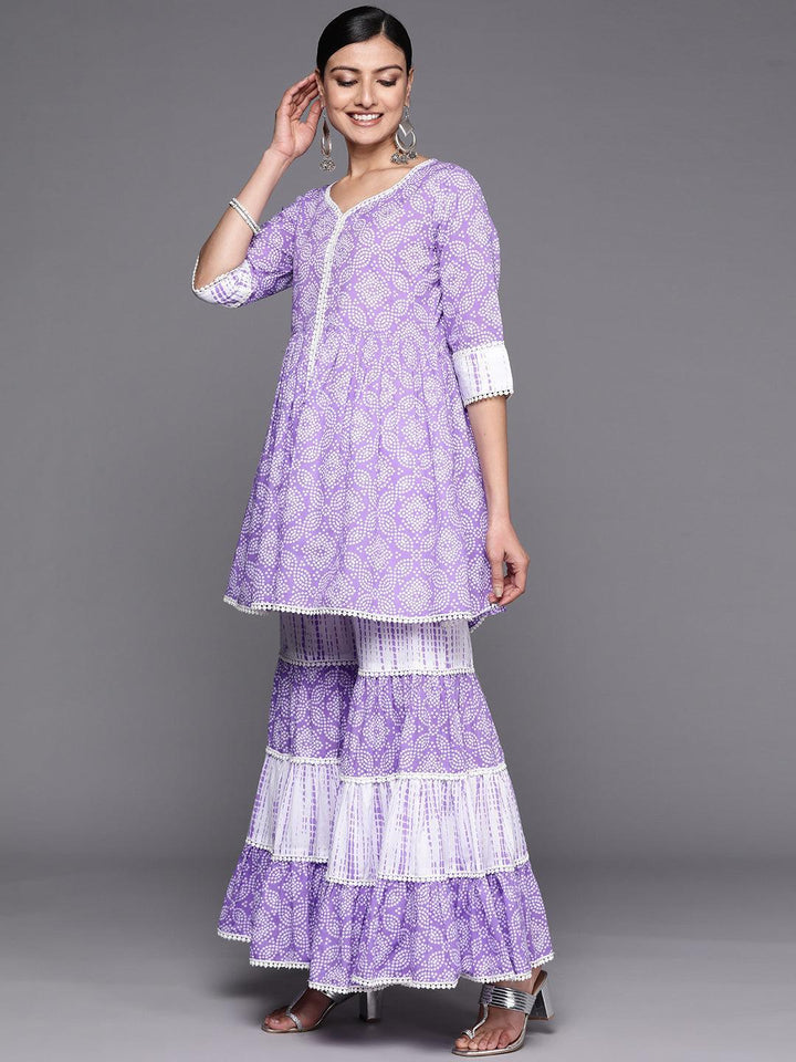 Purple Printed Cotton Anarkali Sharara Suit Set