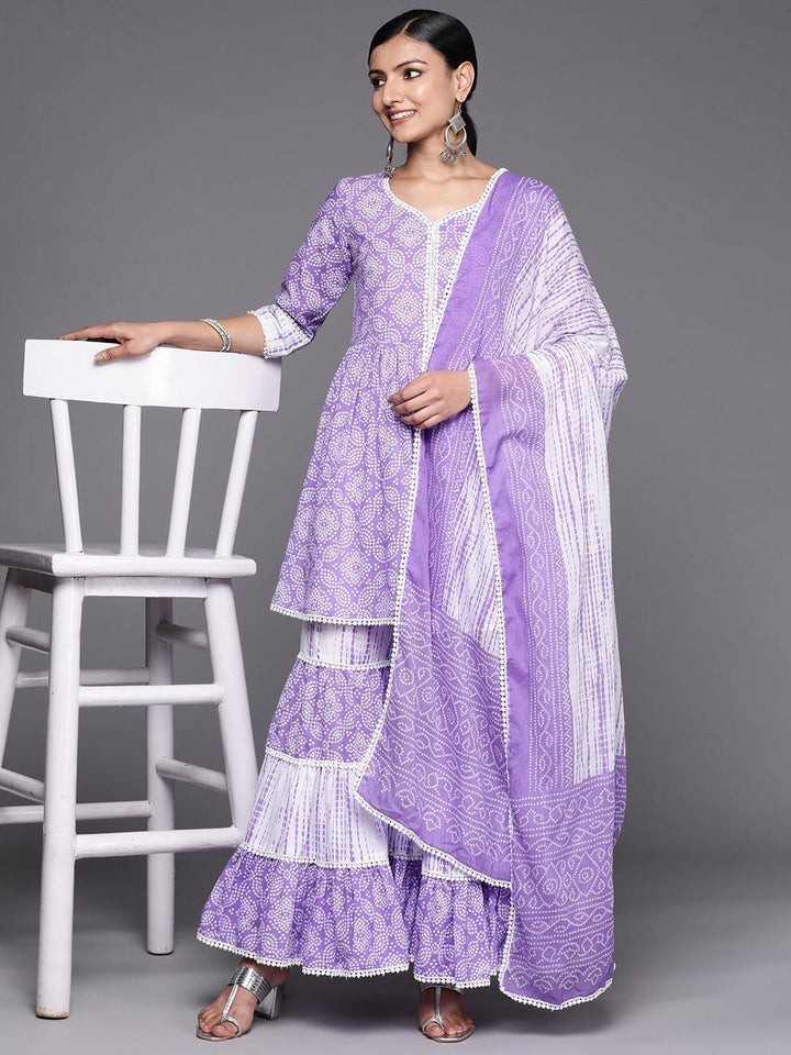Purple Printed Cotton Anarkali Sharara Suit Set