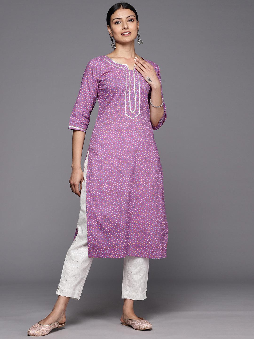 Purple Printed Cotton Straight Kurta - ShopLibas