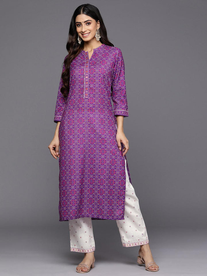 Purple Printed Cotton Straight Kurta Set With Trousers