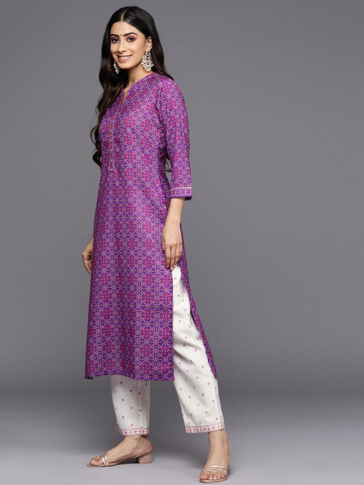Purple Printed Cotton Straight Kurta Set With Trousers