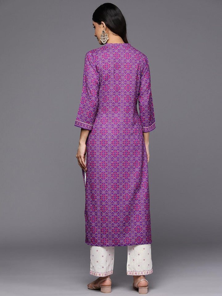 Purple Printed Cotton Straight Kurta Set With Trousers