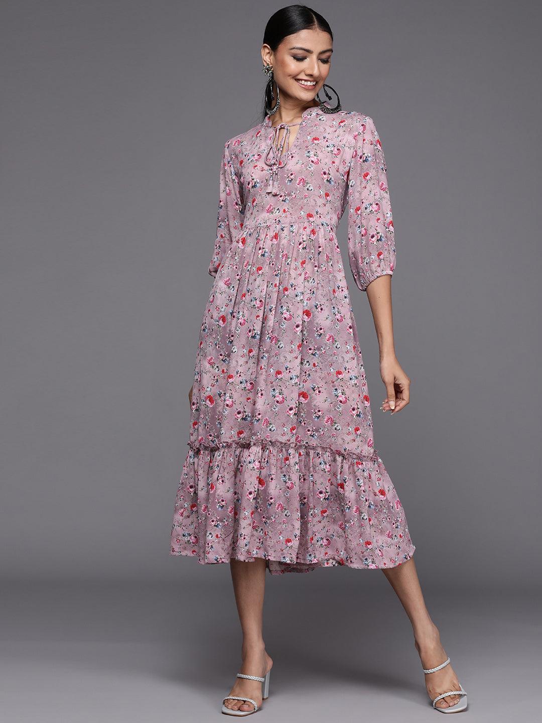 Purple Printed Georgette Flared Dress - ShopLibas