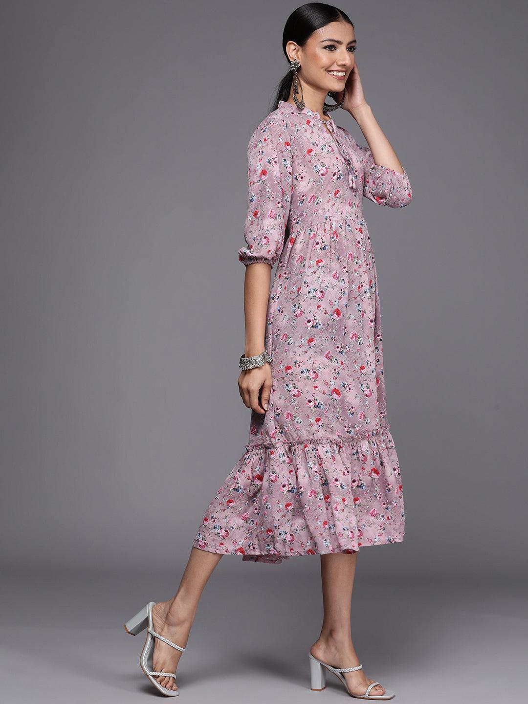 Purple Printed Georgette Flared Dress - ShopLibas