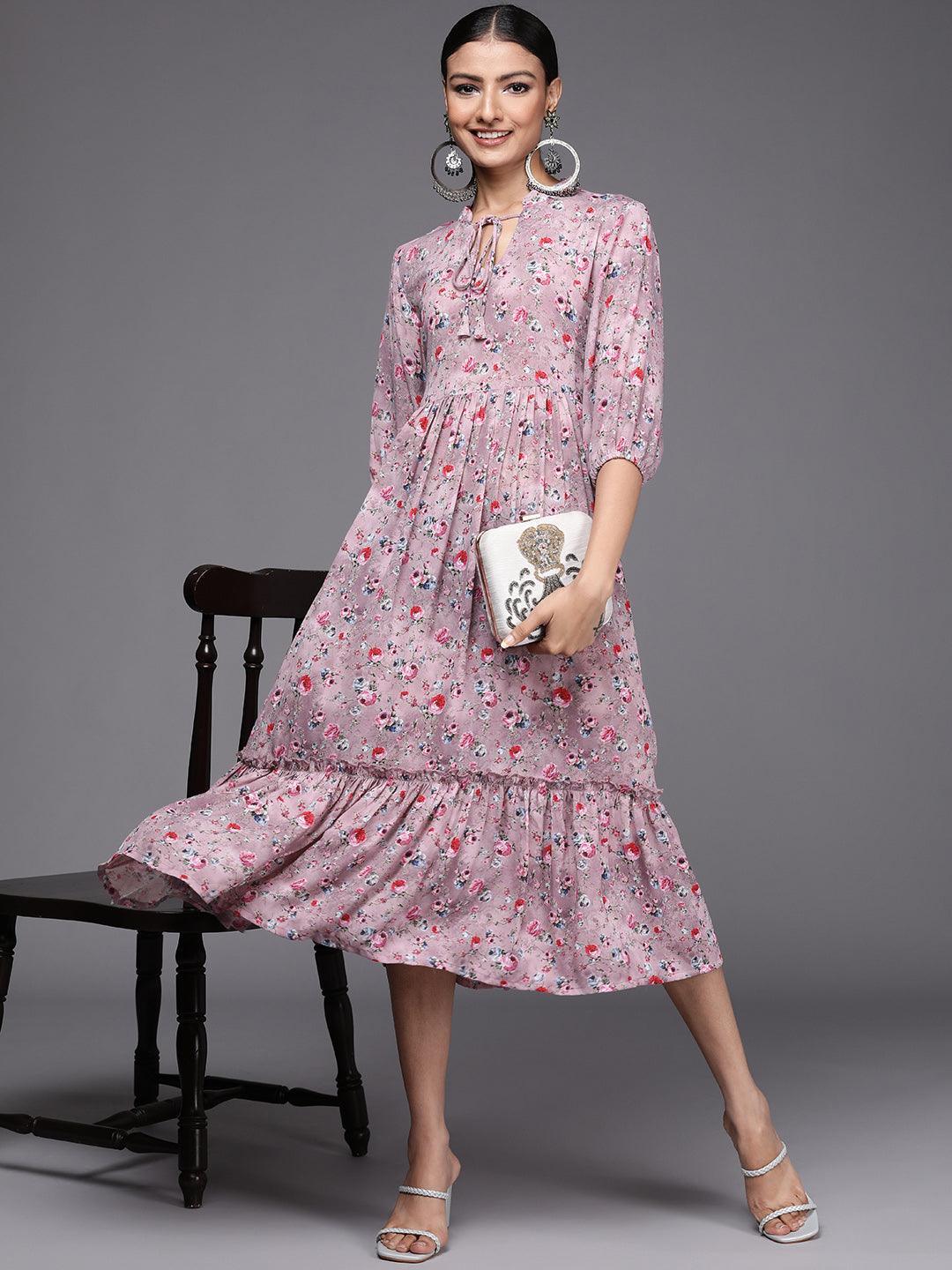 Purple Printed Georgette Flared Dress - ShopLibas