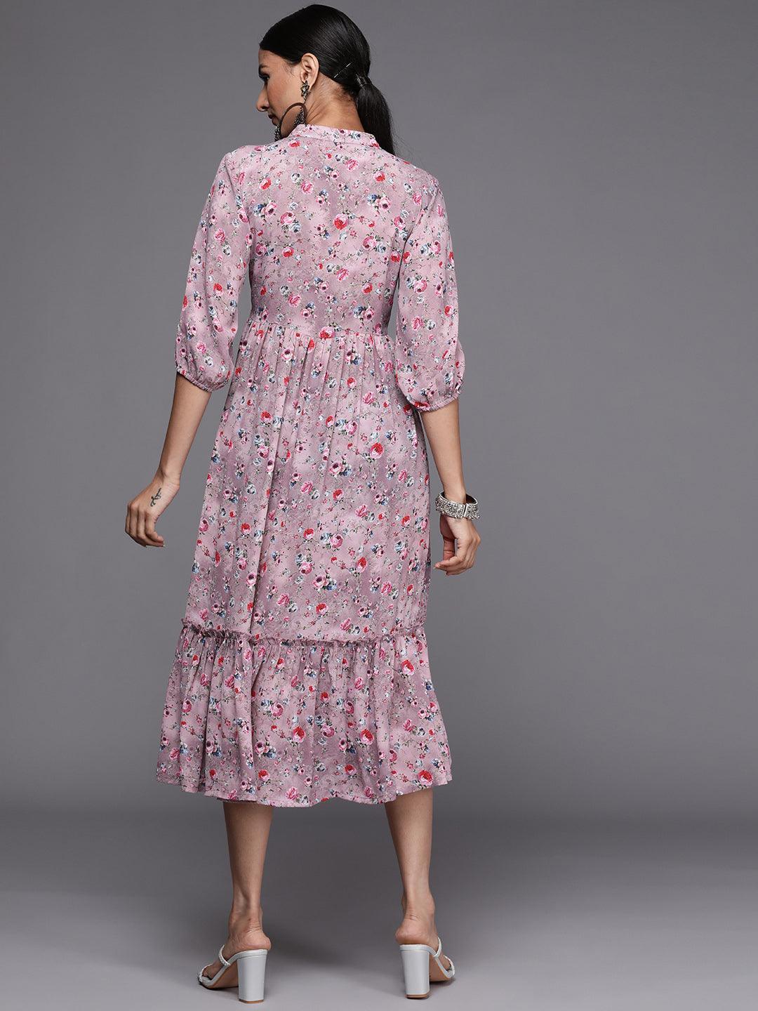 Purple Printed Georgette Flared Dress - ShopLibas