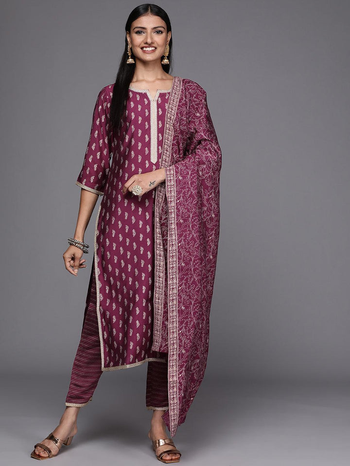 Purple Printed Silk Blend Straight Suit Set