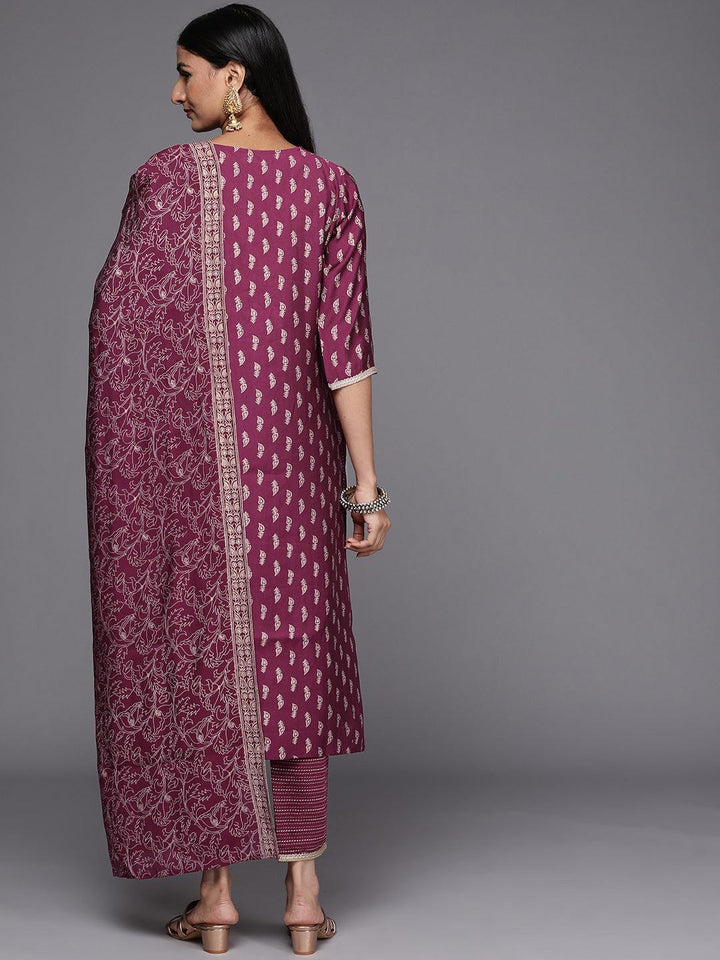 Purple Printed Silk Blend Straight Suit Set