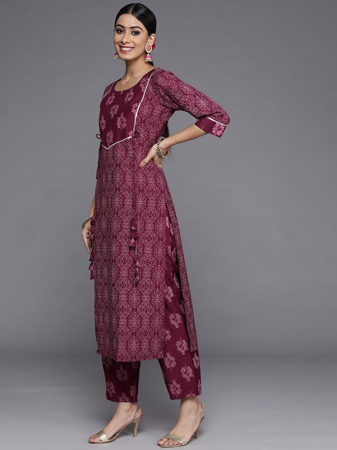 Purple Printed Silk Blend Straight Suit Set With Trousers - Libas