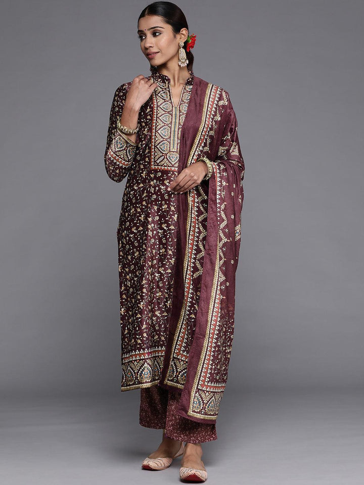 Purple Printed Velvet Straight Kurta With Dupatta