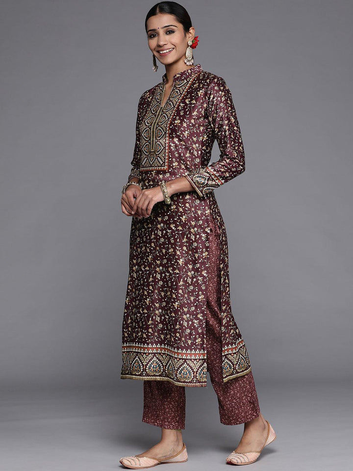 Purple Printed Velvet Straight Kurta With Dupatta