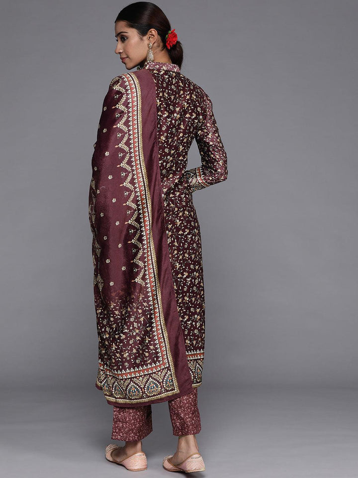Purple Printed Velvet Straight Kurta With Dupatta