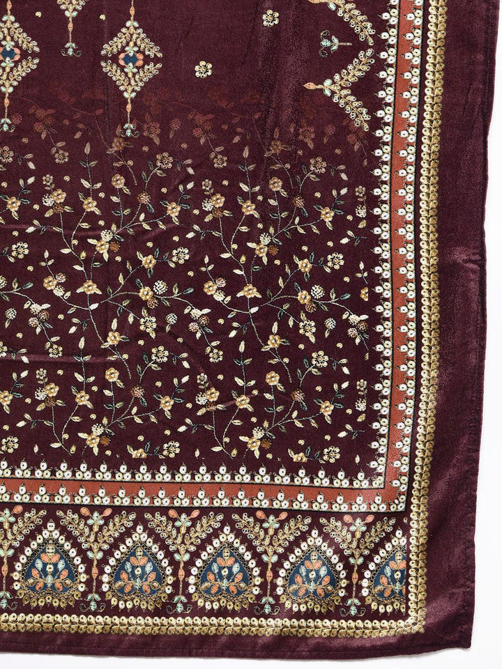 Purple Printed Velvet Straight Kurta With Dupatta