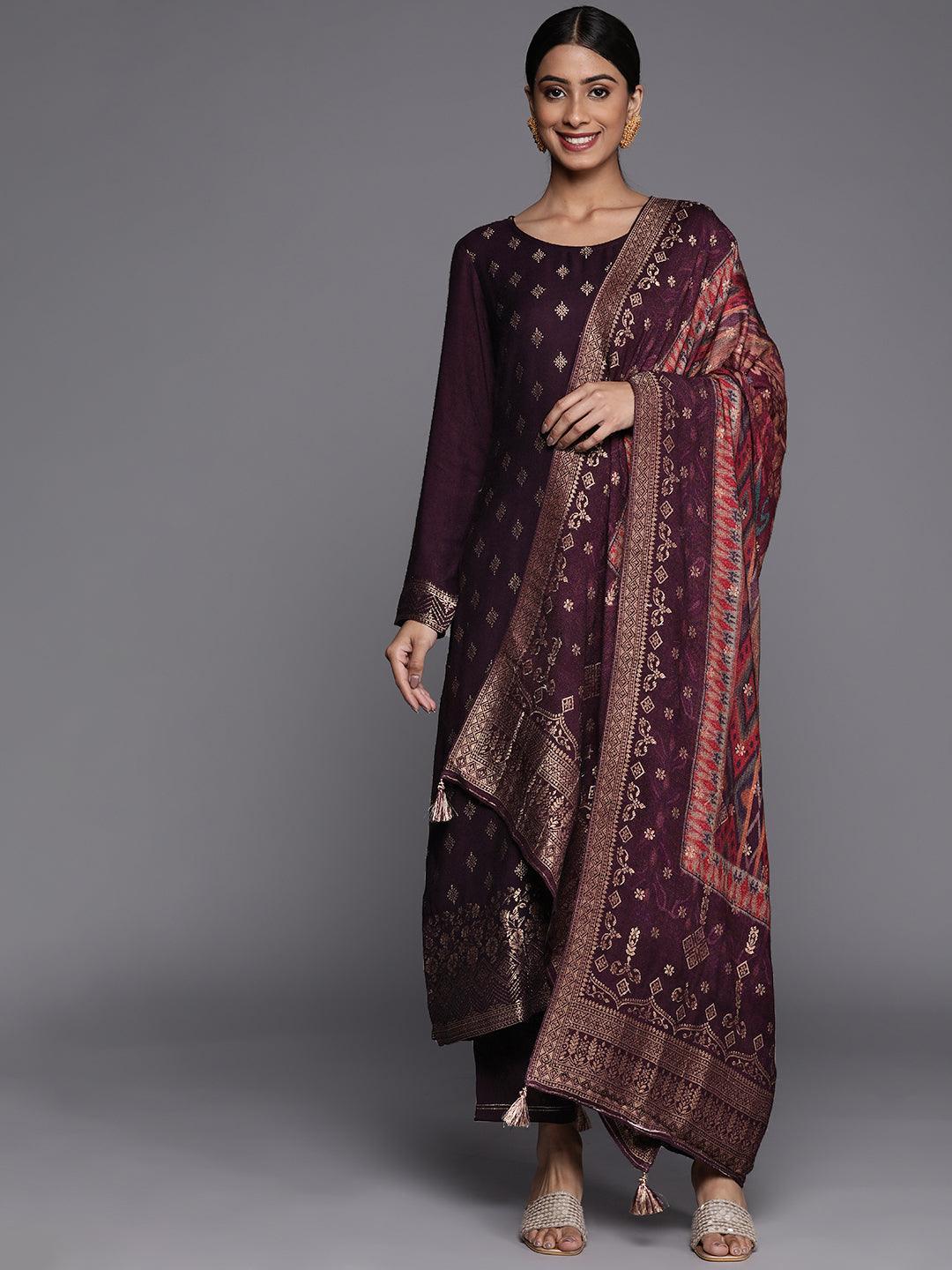 Buy Purple Self Design Pashmina Wool Straight Suit Set Online at