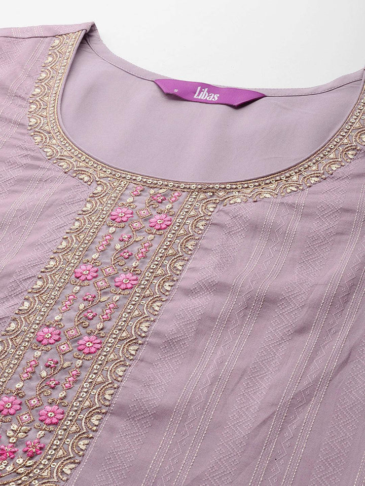 Purple Self Design Rayon Straight Kurta With Trousers & Dupatta