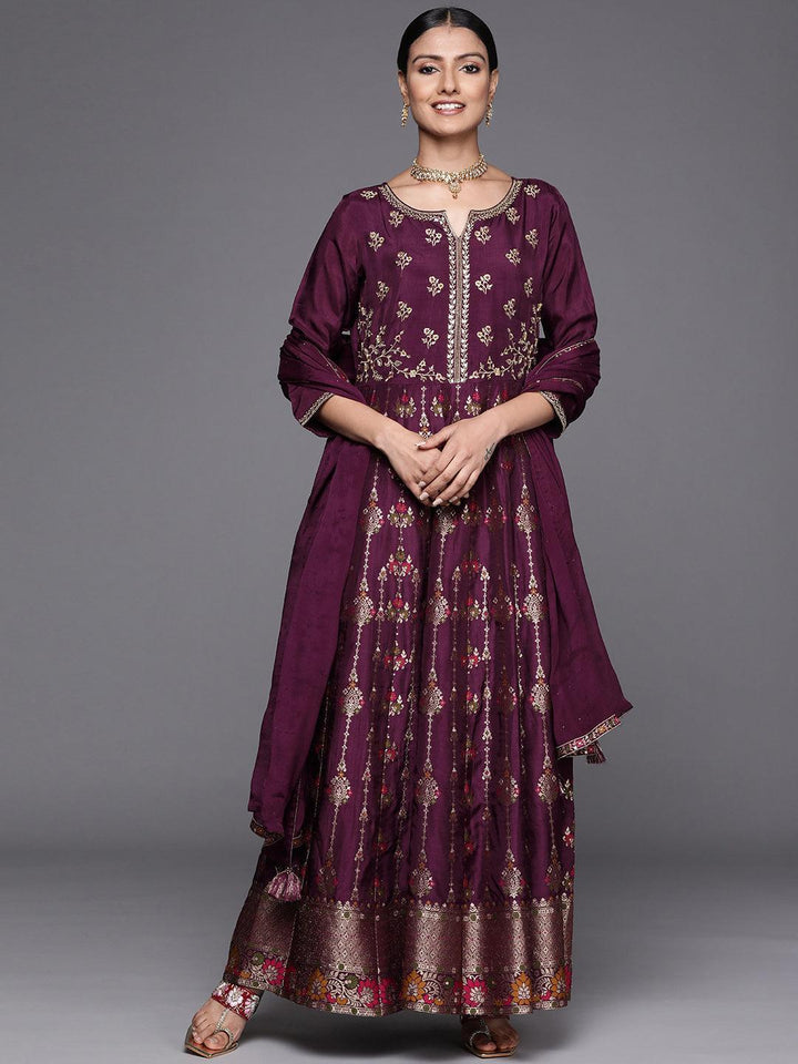 Purple Self Design Silk Anarkali Suit Set