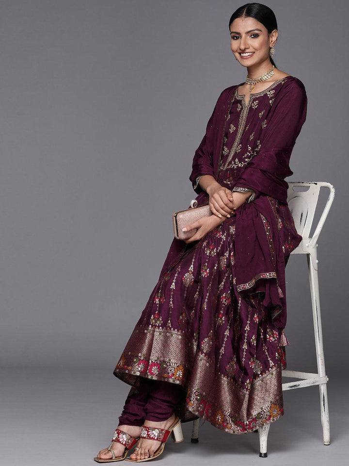 Purple Self Design Silk Anarkali Suit Set