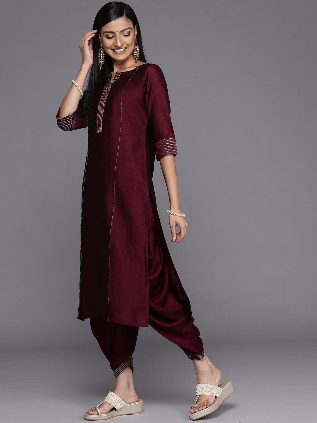 Purple Solid Silk Straight Kurta - ShopLibas