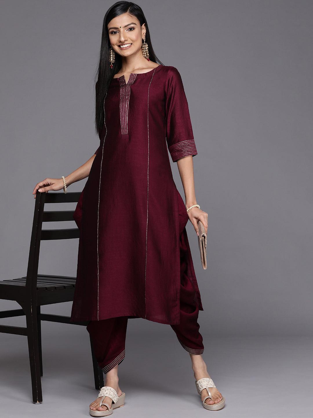 Purple Solid Silk Straight Kurta - ShopLibas