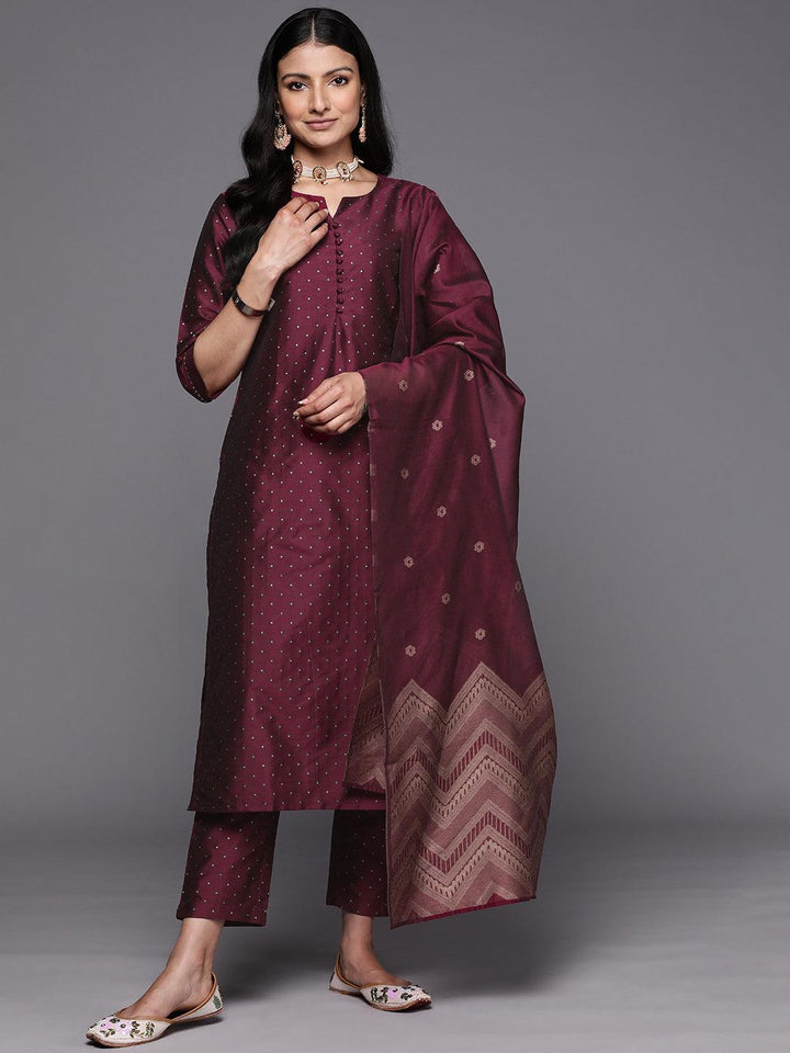 Purple Woven Design Art Silk Straight Suit Set With Trousers