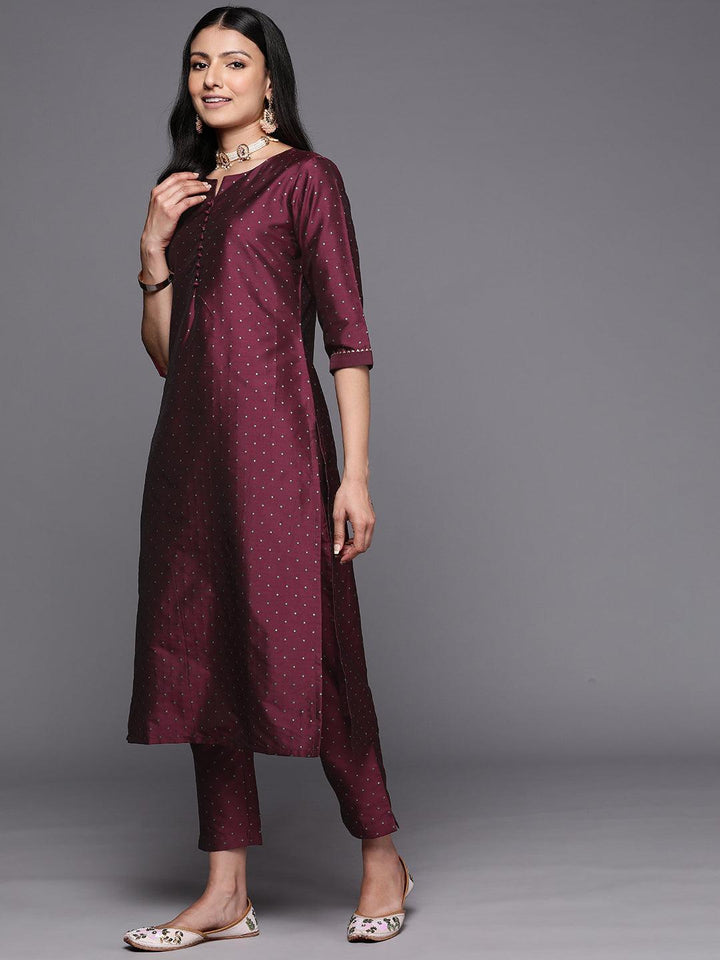 Purple Woven Design Art Silk Straight Suit Set With Trousers