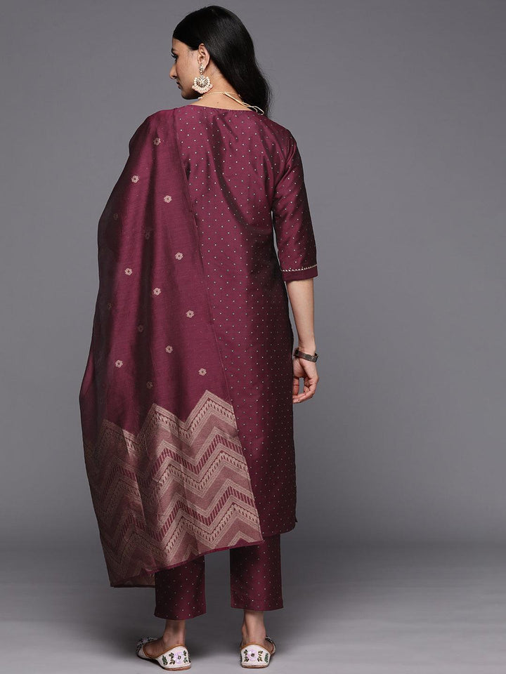 Purple Woven Design Art Silk Straight Suit Set With Trousers