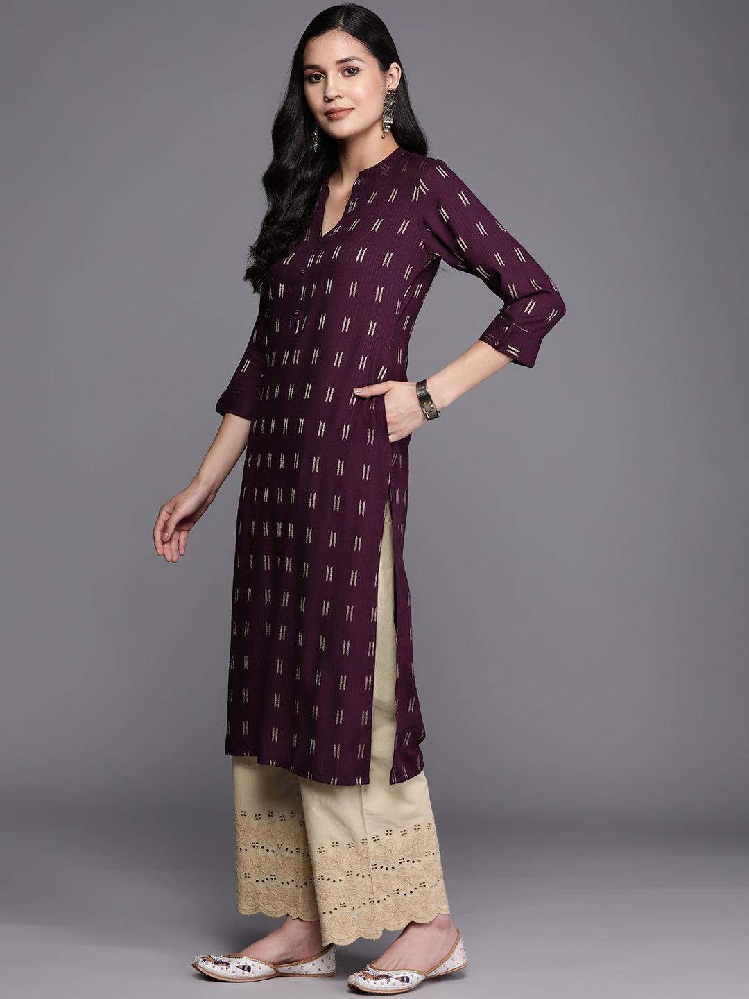 Purple Woven Design Rayon Straight Kurta - ShopLibas