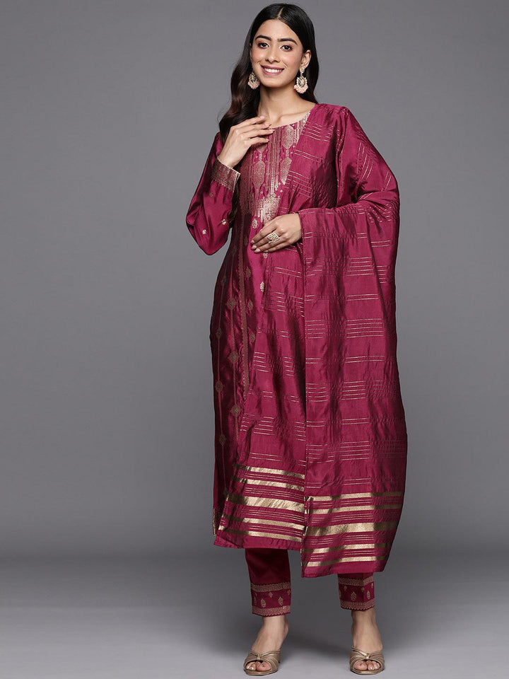 Purple Woven Design Silk Blend Straight Suit Set With Trousers