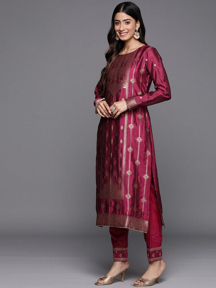 Purple Woven Design Silk Blend Straight Suit Set With Trousers