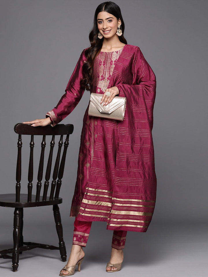 Purple Woven Design Silk Blend Straight Suit Set With Trousers