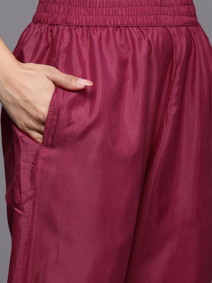 Purple Woven Design Silk Blend Straight Suit Set With Trousers