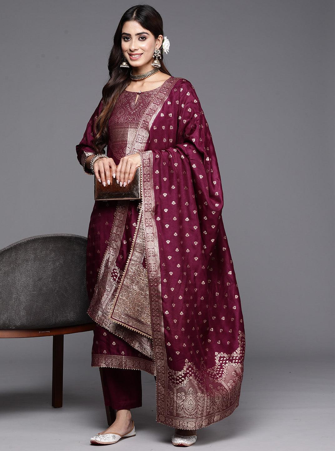 Purple Woven Design Silk Straight Suit With Dupatta