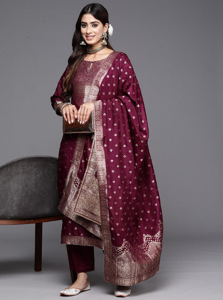 Purple Woven Design Silk Straight Suit With Dupatta