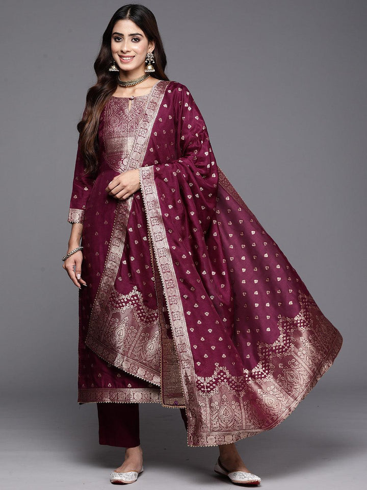 Purple Woven Design Silk Straight Suit With Dupatta