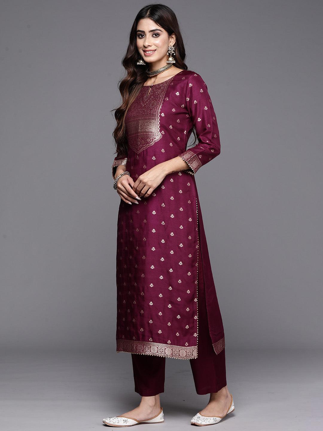 Purple Woven Design Silk Straight Suit With Dupatta