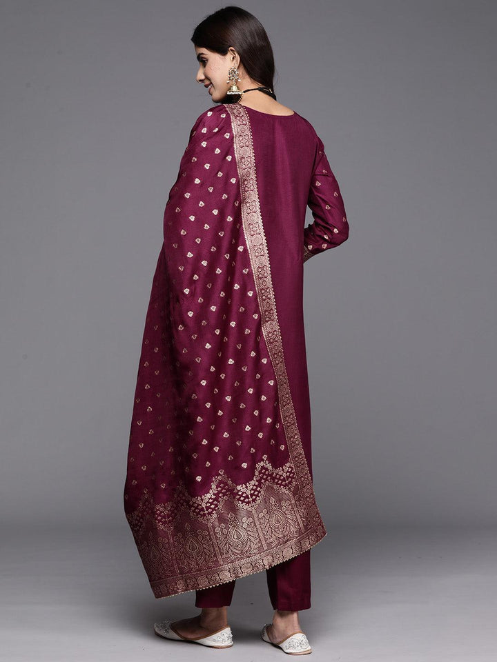 Purple Woven Design Silk Straight Suit With Dupatta