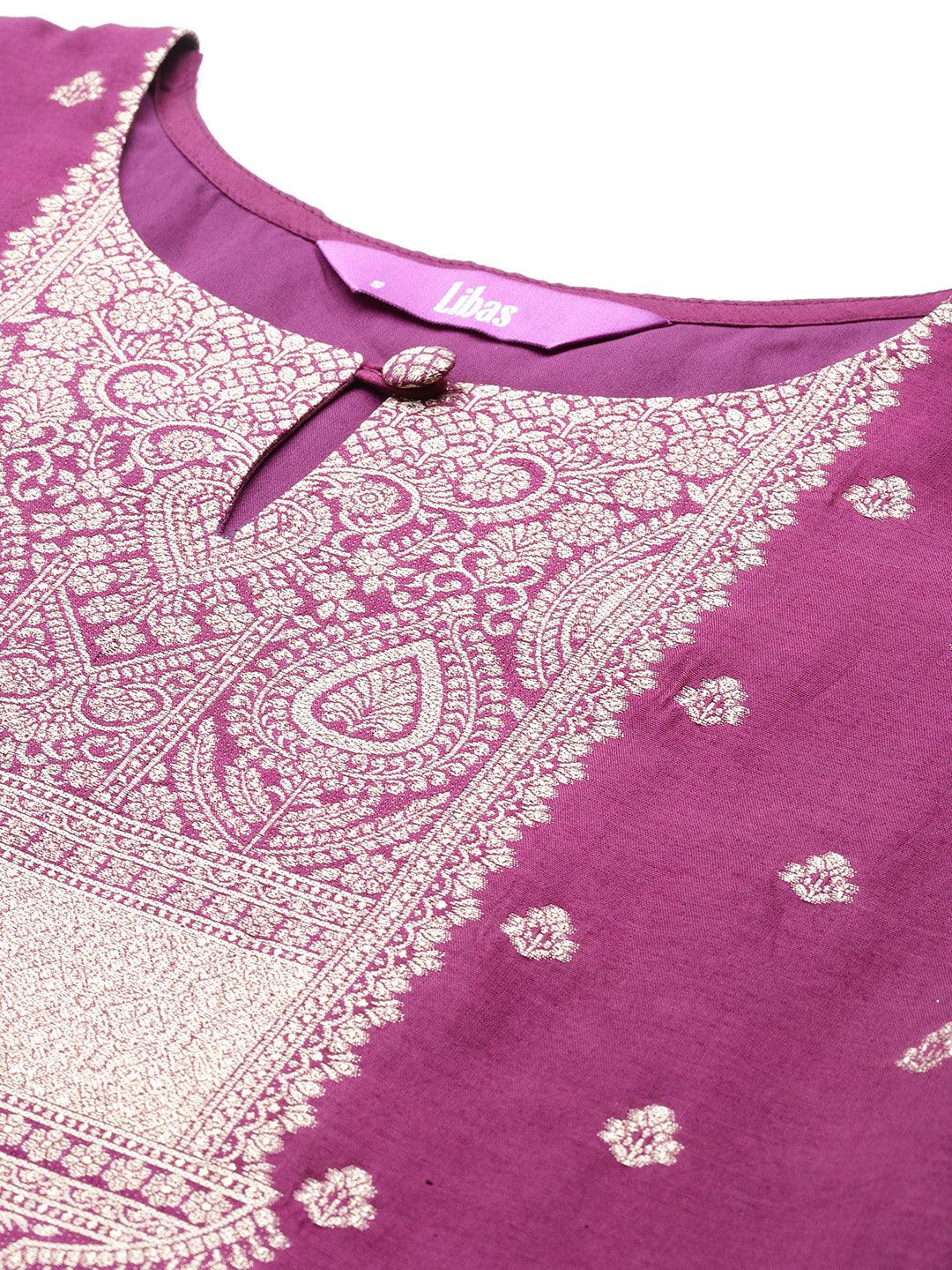 Purple Woven Design Silk Straight Suit With Dupatta