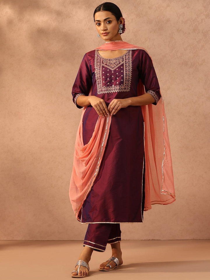 Purple Yoke Design Silk Blend Suit Set With Trousers