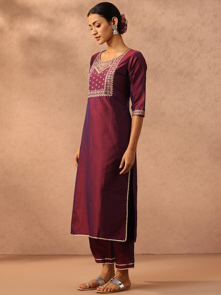Purple Yoke Design Silk Blend Suit Set With Trousers