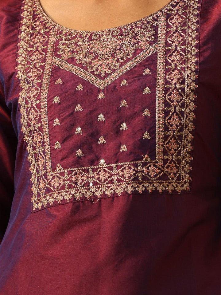 Purple Yoke Design Silk Blend Suit Set With Trousers