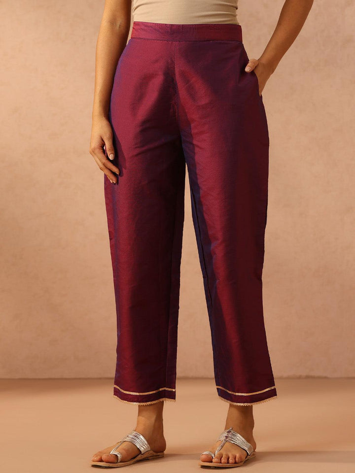 Purple Yoke Design Silk Blend Suit Set With Trousers