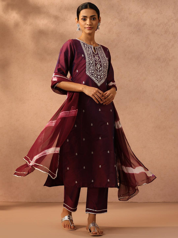 Purple Yoke Design Silk Blend Suit Set With Trousers