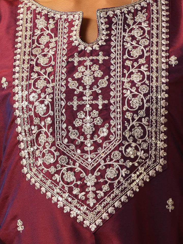 Purple Yoke Design Silk Blend Suit Set With Trousers