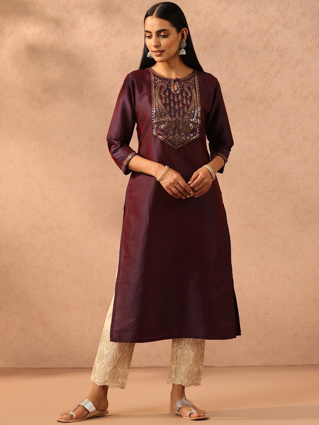 Purple Yoke Design Silk Straight Kurta - ShopLibas