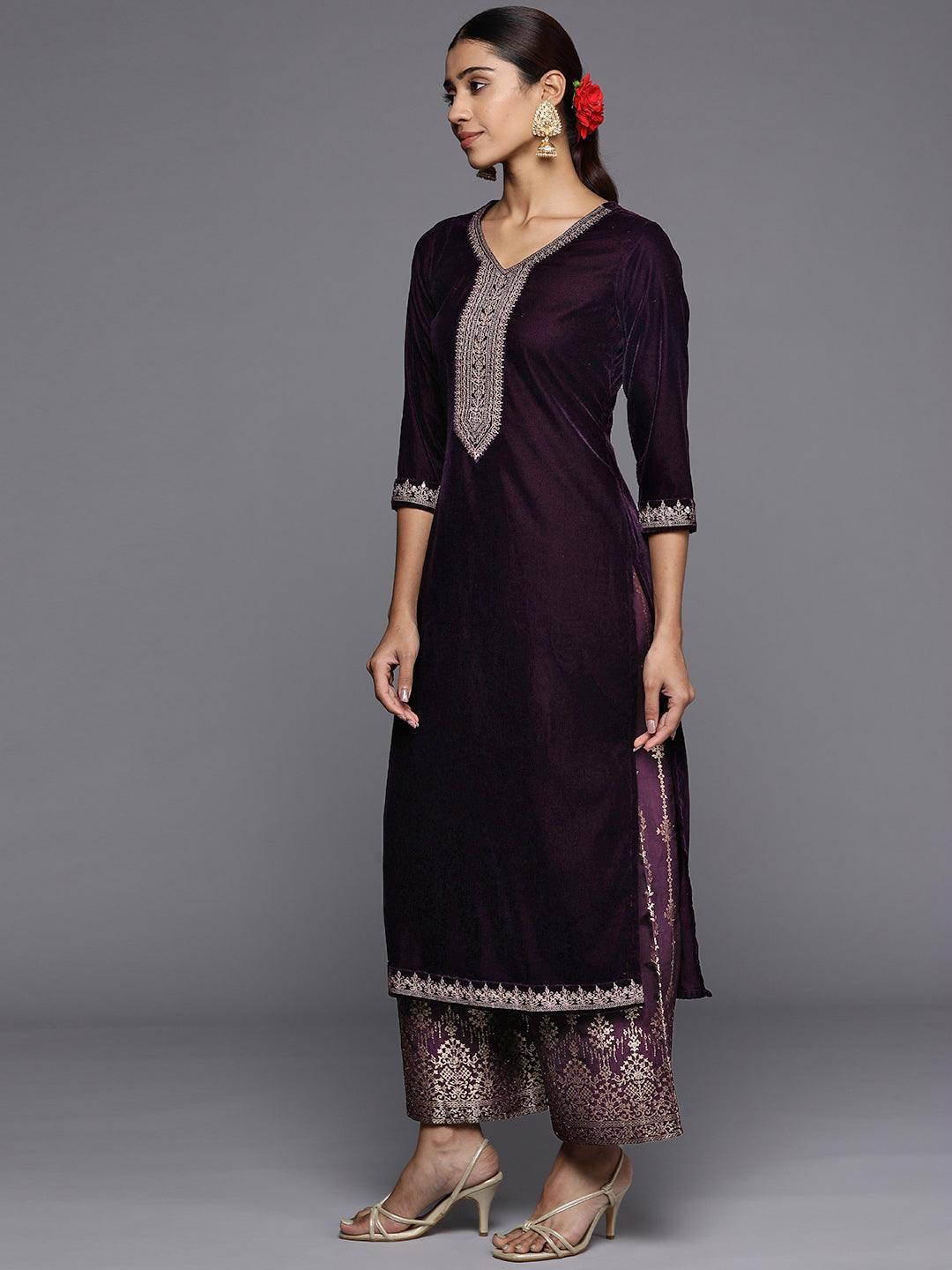 Purple Yoke Design Velvet Straight Suit Set - ShopLibas